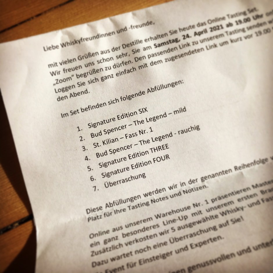 "The first cask" whisky tasting by St. Kilian Distillers (German Single Malt Bud Spencer Zoom Event)