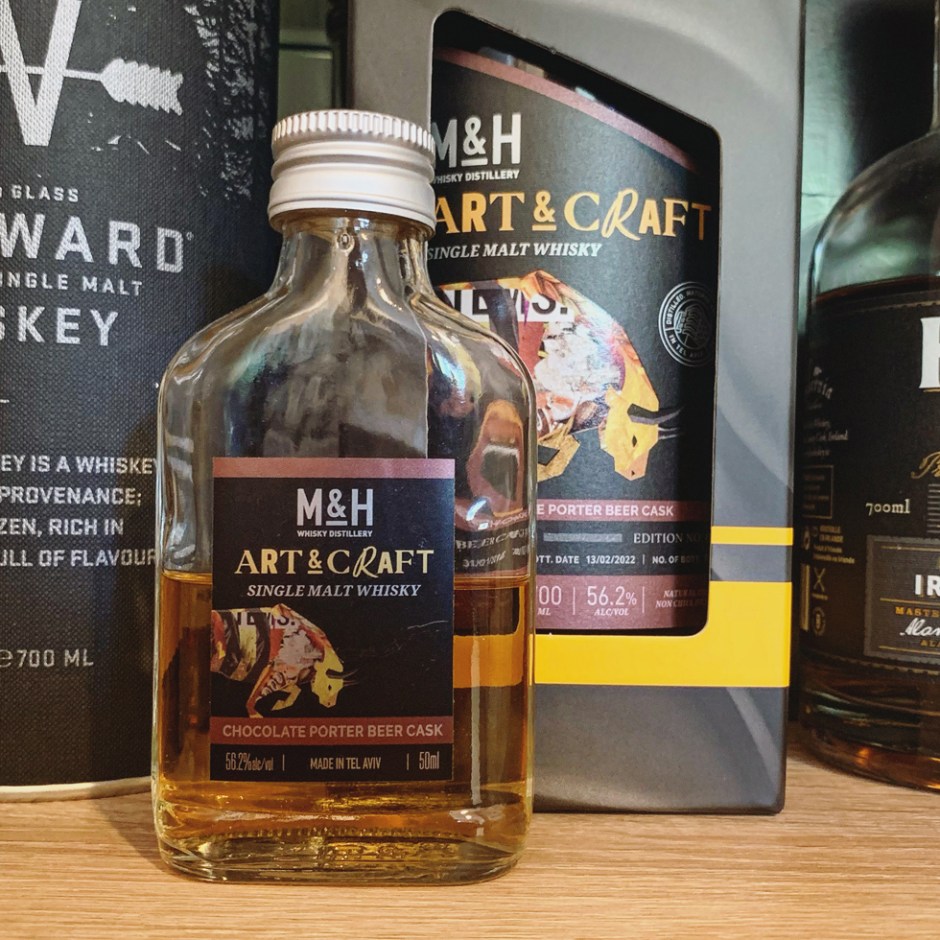 Sample shot of The M&H Distillery's "Art & Craft" single malt whisky releases from craft beer casks